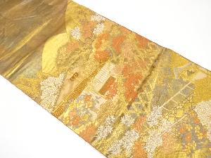 引箔　寺院風景に秋草模様織り出し袋帯